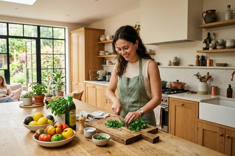 Lisa cooking in her kitchen, preparing ingredients on a cutting board