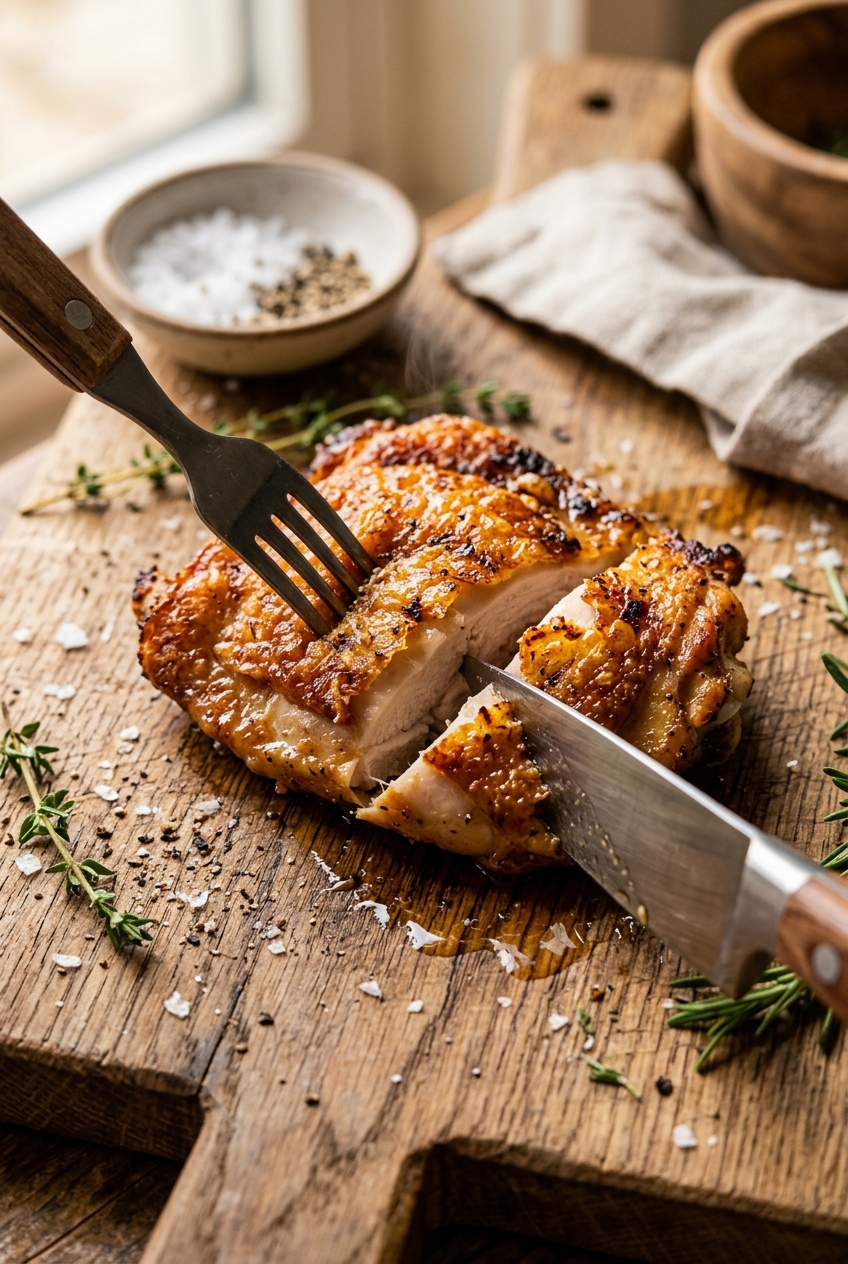 Close-up of juicy air fryer chicken thigh cut open showing tender meat with crispy golden skin