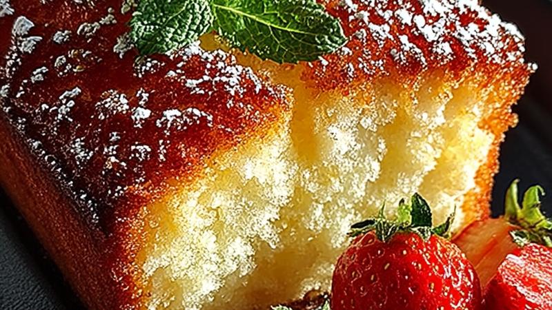 A perfectly golden angel food loaf cake resting on a white ceramic plate with fresh strawberries scattered around it, dusted with powdered sugar, showcasing the light and airy crumb structure