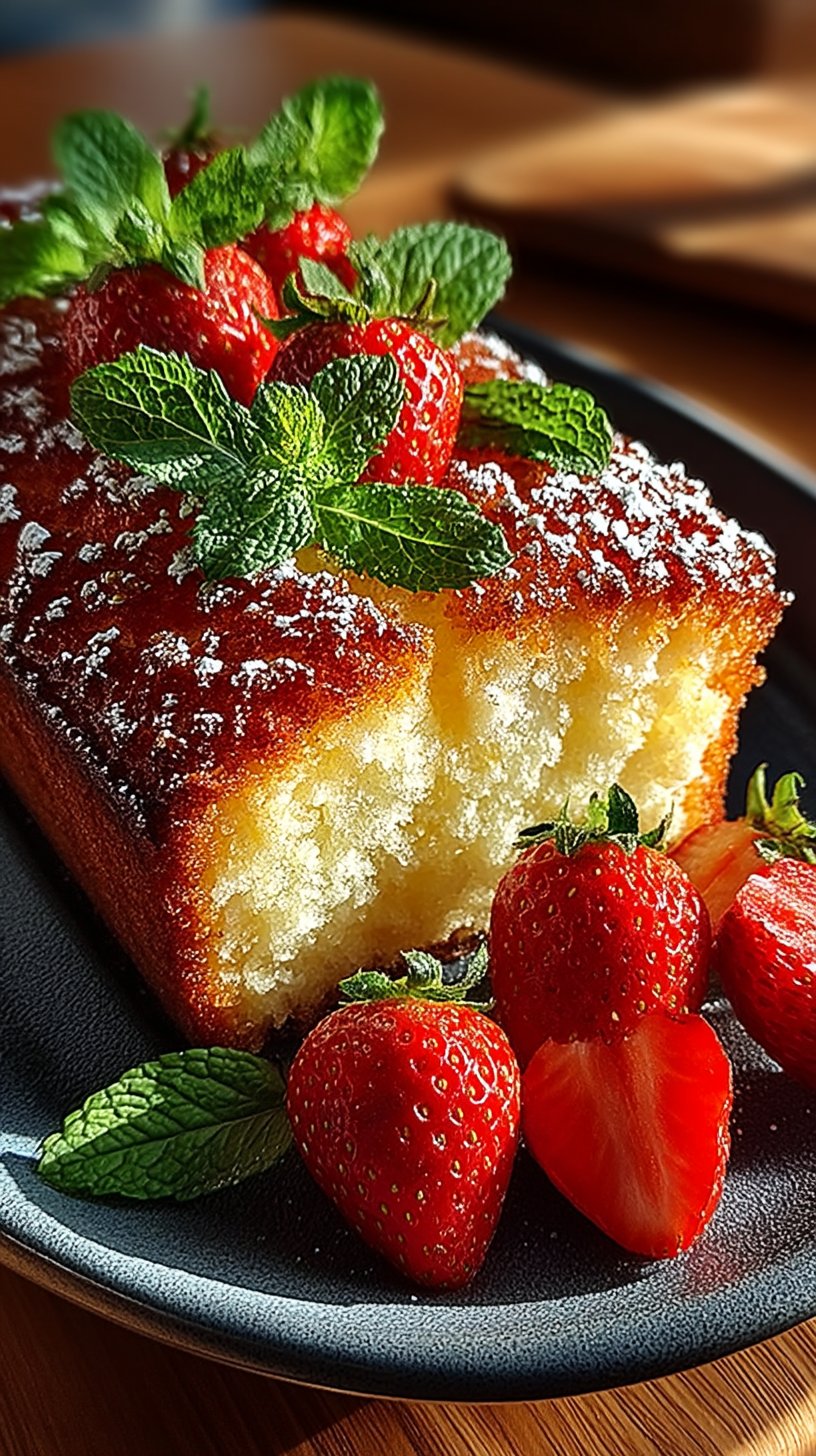 A perfectly golden angel food loaf cake resting on a white ceramic plate with fresh strawberries scattered around it, dusted with powdered sugar, showcasing the light and airy crumb structure