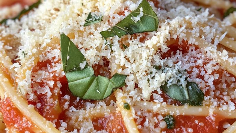 Close-up side view of angel hair pasta pomodoro with silky red tomato sauce clinging to delicate strands, fresh basil leaves scattered on top, grated Parmigiano-Reggiano cheese, and a drizzle of golden olive oil