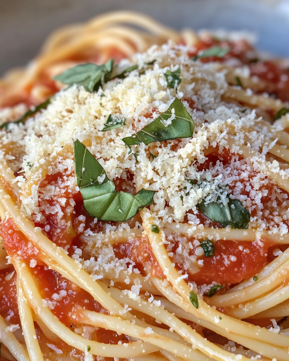 Close-up side view of angel hair pasta pomodoro with silky red tomato sauce clinging to delicate strands, fresh basil leaves scattered on top, grated Parmigiano-Reggiano cheese, and a drizzle of golden olive oil