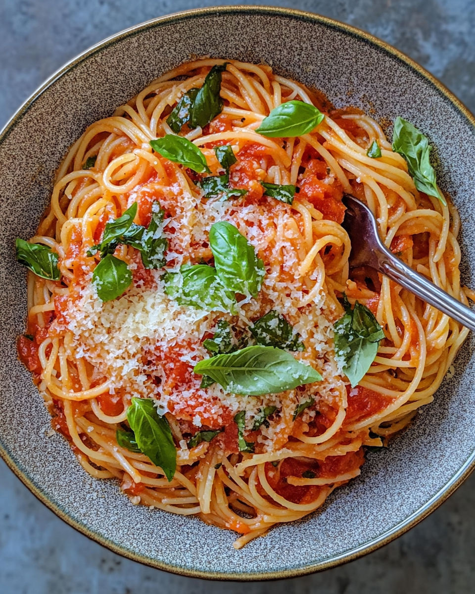Overhead flat lay of a bowl of angel hair pasta pomodoro showing the vibrant red sauce coating thin pasta strands, garnished with fresh basil and cheese, with a fork twirling pasta visible
