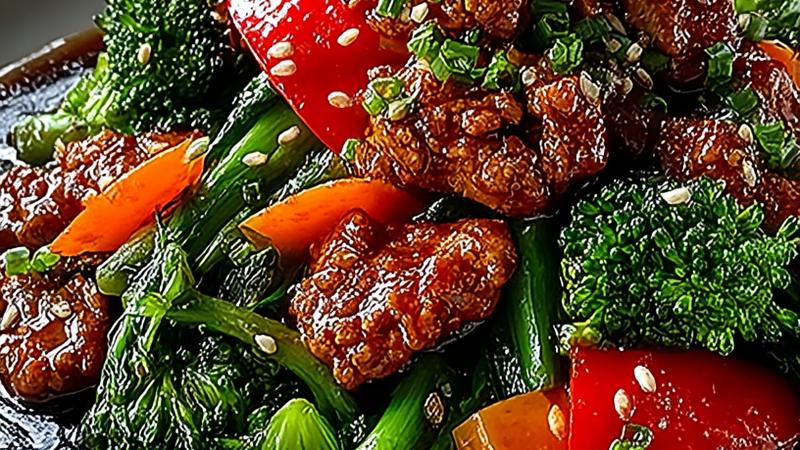 Vibrant Asian ground chicken stir fry with glossy sauce, tender ground chicken, and colorful vegetables including broccoli, red peppers, and carrots served over jasmine rice with sesame seeds garnish