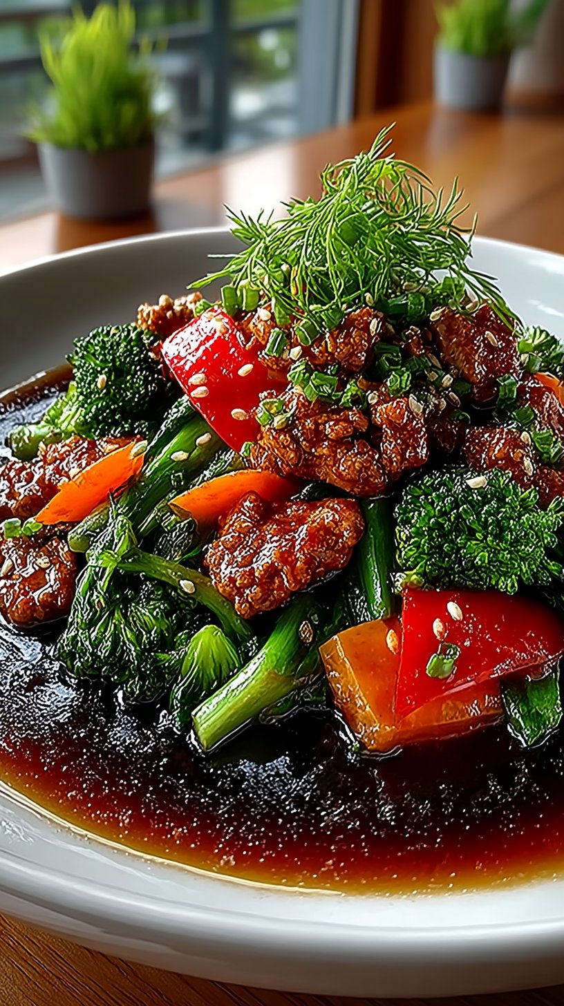 Vibrant Asian ground chicken stir fry with glossy sauce, tender ground chicken, and colorful vegetables including broccoli, red peppers, and carrots served over jasmine rice with sesame seeds garnish