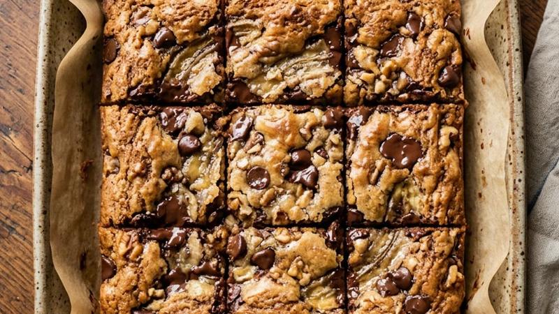 Banana chocolate chip bars cut into squares on parchment paper with melty chocolate chips visible