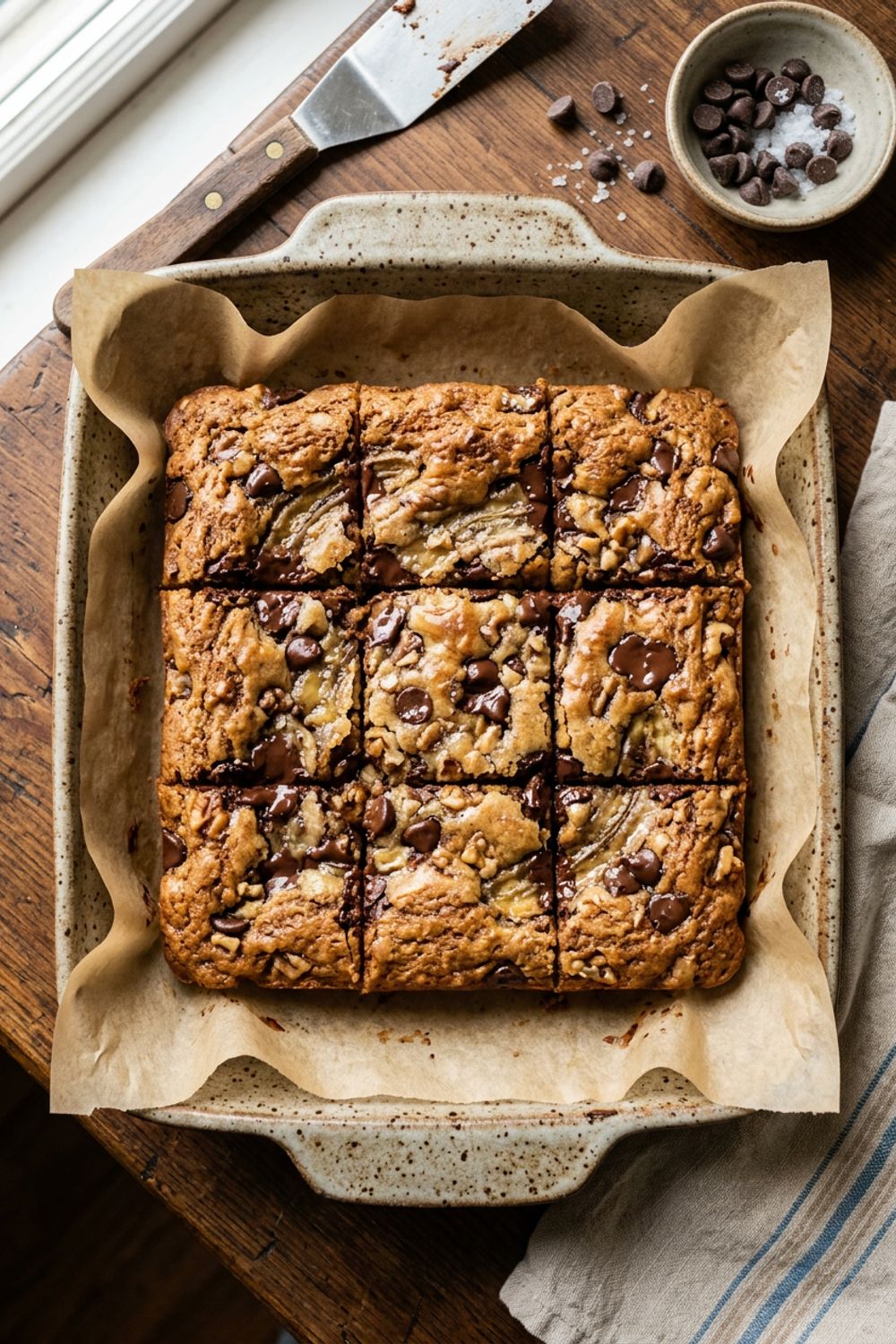 Banana chocolate chip bars cut into squares on parchment paper with melty chocolate chips visible