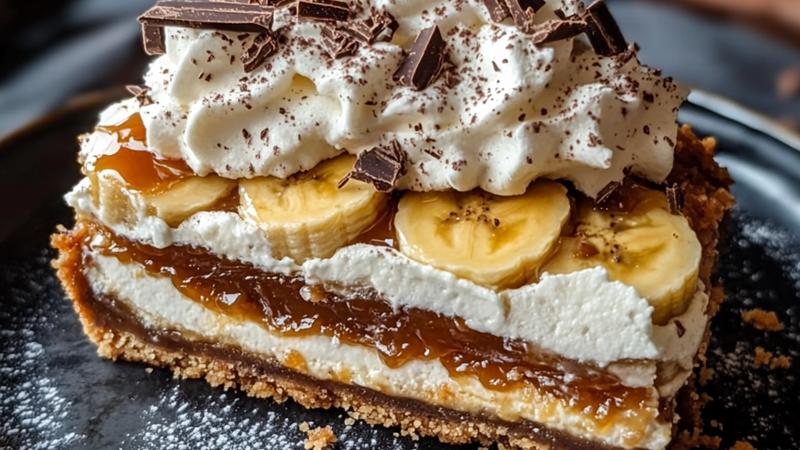 Close-up side view of a slice of banoffee pie showing distinct layers of golden digestive biscuit crust, rich caramel toffee, fresh banana slices, and fluffy whipped cream topped with dark chocolate shavings