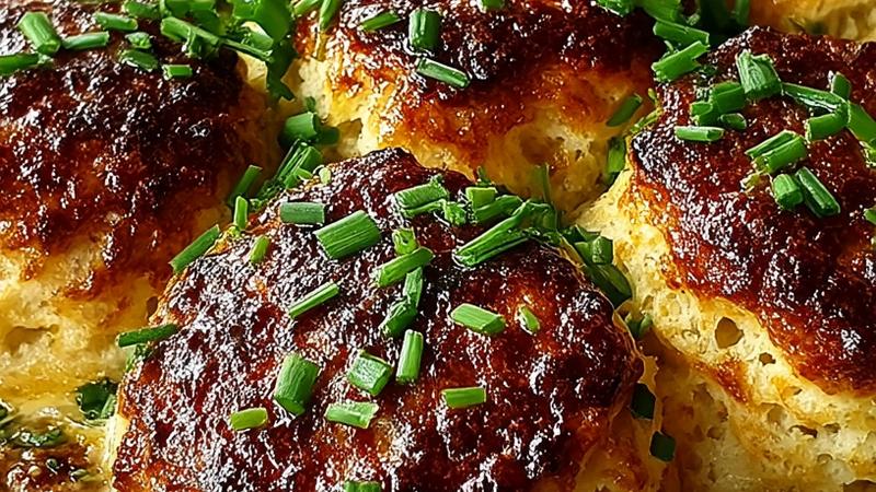 Golden-brown Biscuits and Gravy Bake in a ceramic dish with creamy sausage gravy, fresh chives, and crispy biscuit edges showing, garnished with paprika