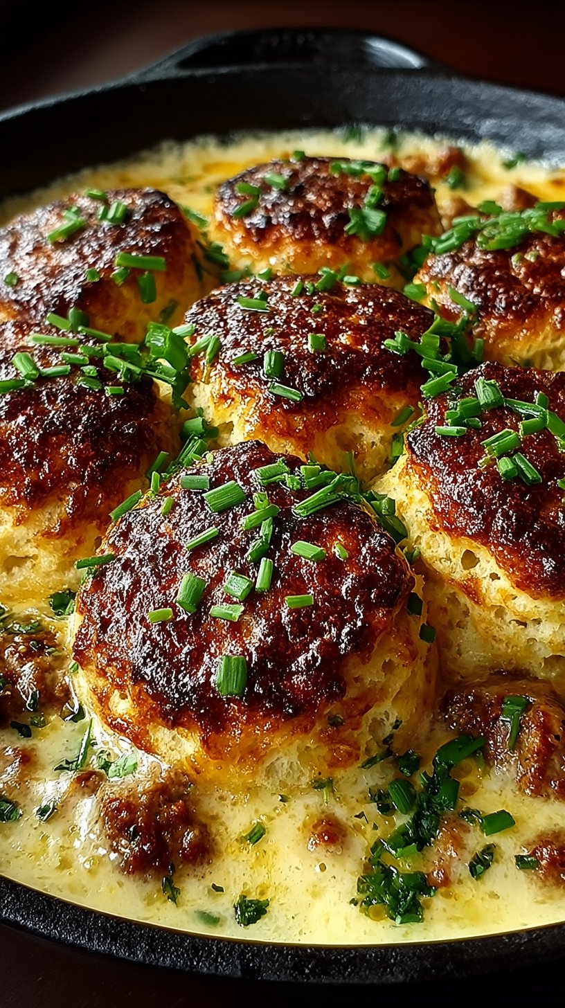 Golden-brown Biscuits and Gravy Bake in a ceramic dish with creamy sausage gravy, fresh chives, and crispy biscuit edges showing, garnished with paprika