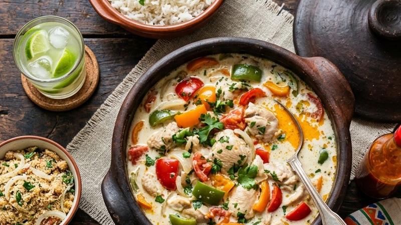 A vibrant pot of Brazilian coconut chicken with golden sauce, fresh cilantro, and lime wedges served over white rice