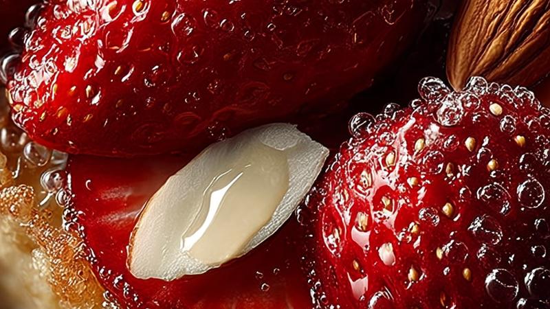 A golden-brown baked oatmeal with fresh strawberry halves and sliced almonds arranged on top, served in a ceramic dish, with a warm cup of coffee and fresh flowers nearby on a rustic wooden surface