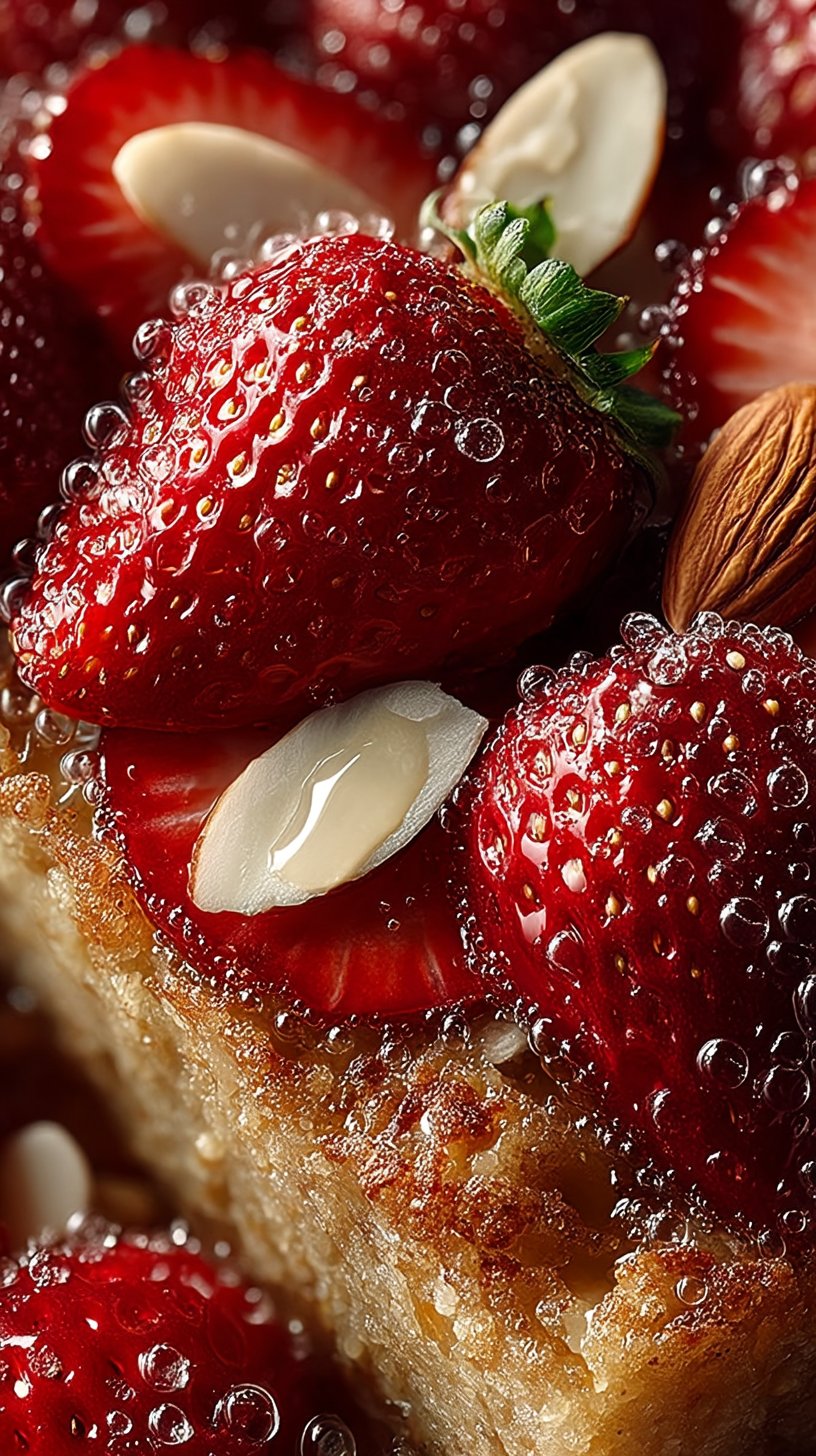A golden-brown baked oatmeal with fresh strawberry halves and sliced almonds arranged on top, served in a ceramic dish, with a warm cup of coffee and fresh flowers nearby on a rustic wooden surface