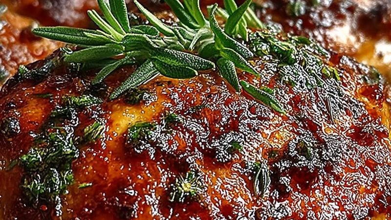 A golden-brown whole roasted chicken with crispy skin sitting on a white ceramic plate, surrounded by fresh thyme and rosemary sprigs, with pan drippings and lemon wedges visible in warm natural sunlight