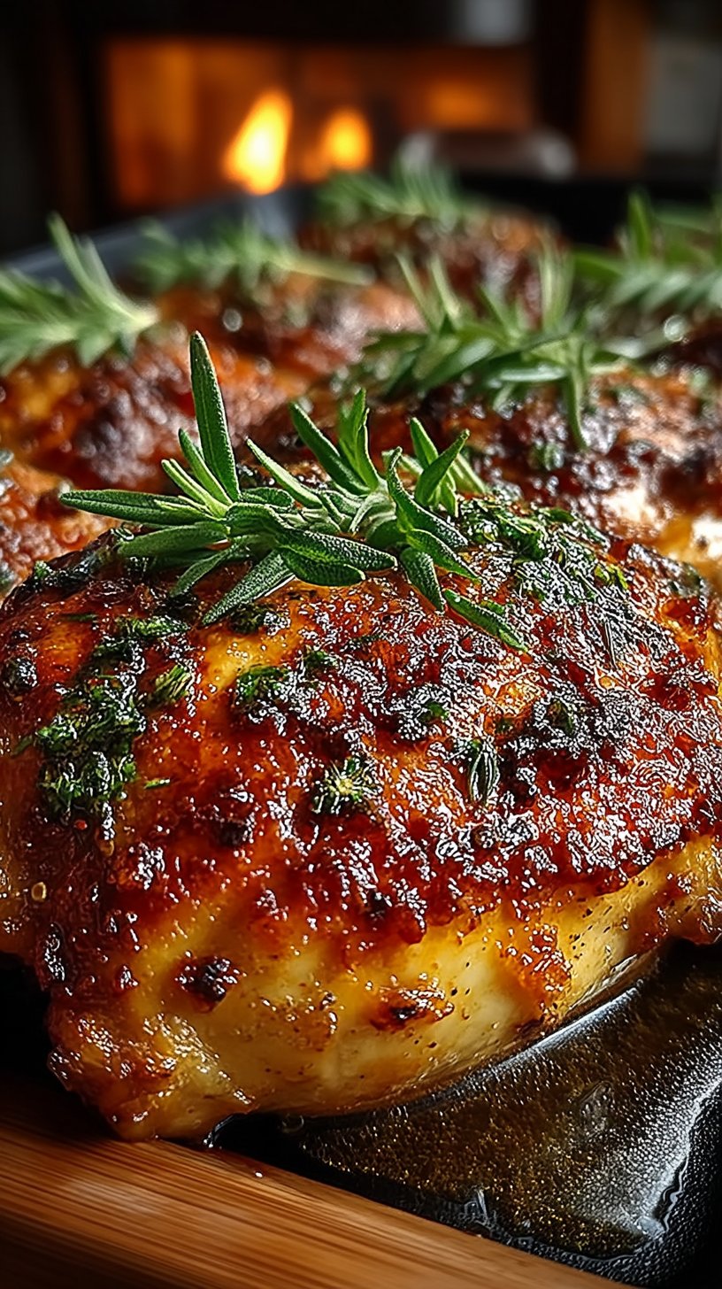 A golden-brown whole roasted chicken with crispy skin sitting on a white ceramic plate, surrounded by fresh thyme and rosemary sprigs, with pan drippings and lemon wedges visible in warm natural sunlight