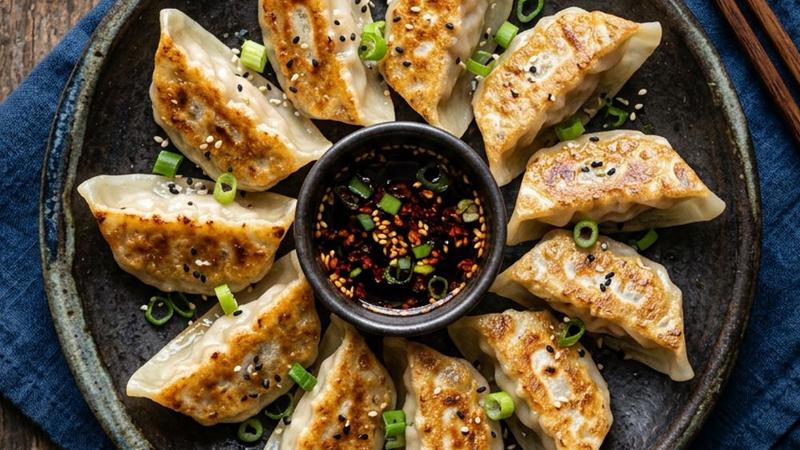 Rows of golden pan-fried gyoza dumplings with crispy lacy edges on a white rectangular plate with dipping sauce