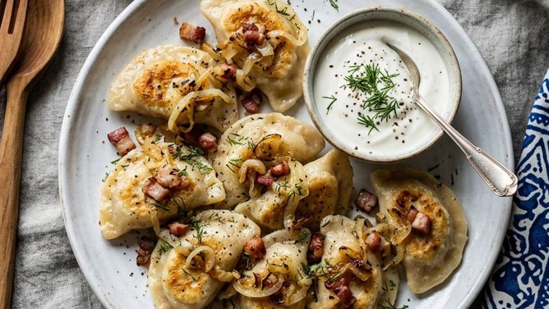 Golden pan-fried Polish pierogi dumplings on a blue plate topped with caramelized onions and sour cream