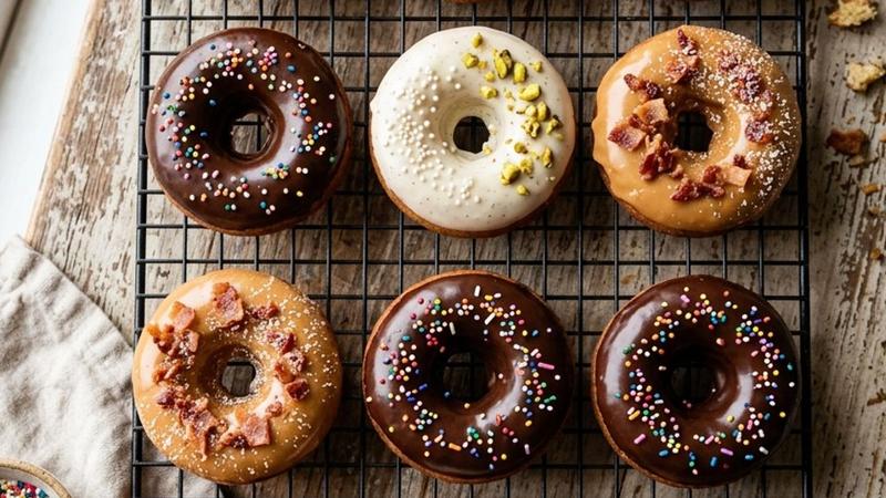 Golden cake donuts with vanilla glaze arranged on a wire cooling rack