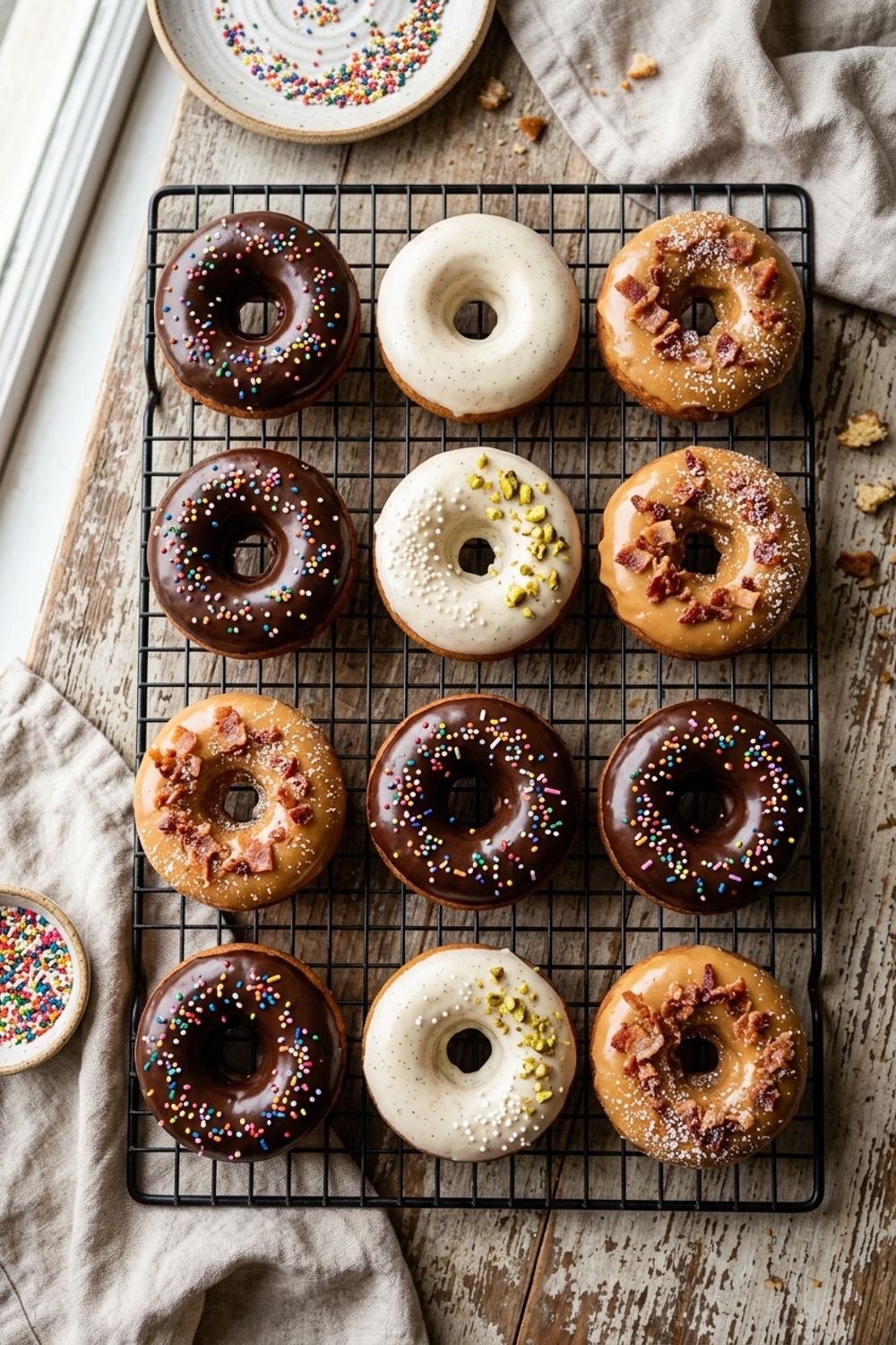 Golden cake donuts with vanilla glaze arranged on a wire cooling rack