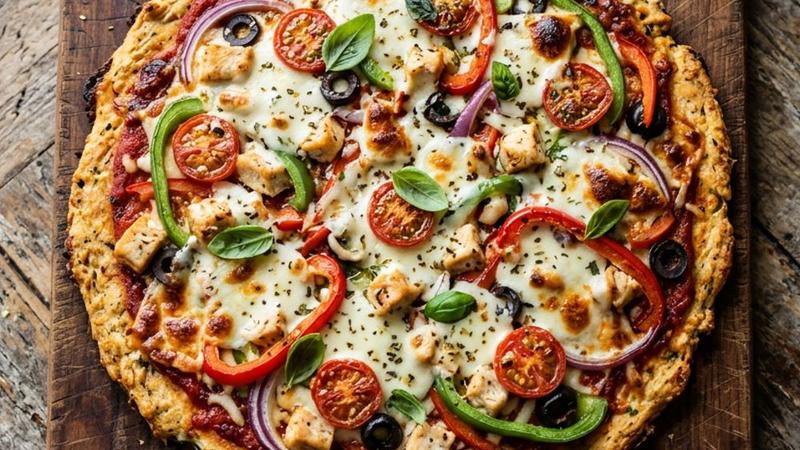 Canned chicken pizza crust topped with sauce, melted cheese, and fresh vegetables