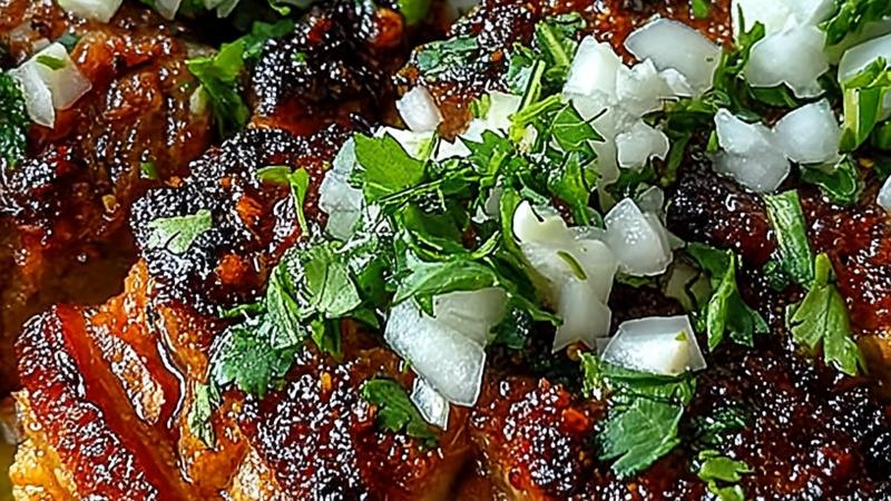 Close-up of golden, crispy carnitas in a white ceramic bowl with fresh cilantro, diced white onion, and lime wedges, glistening with rendered pork fat in warm natural lighting