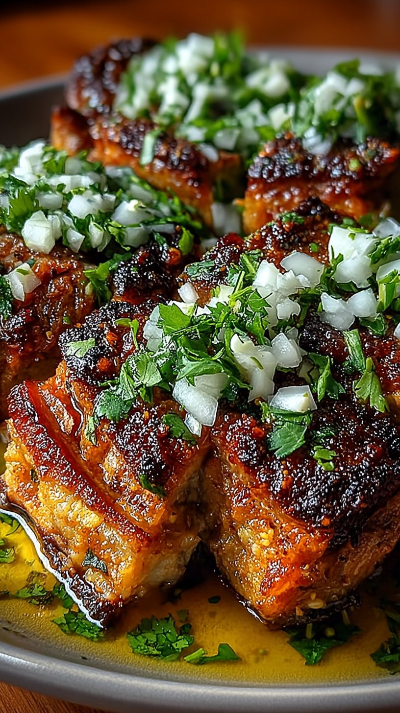 Close-up of golden, crispy carnitas in a white ceramic bowl with fresh cilantro, diced white onion, and lime wedges, glistening with rendered pork fat in warm natural lighting
