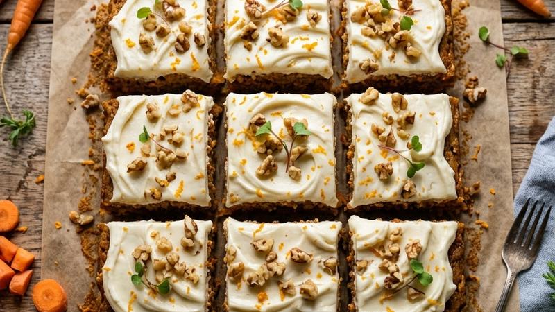 Golden carrot cake bars with thick cream cheese frosting cut into perfect squares on a white serving platter