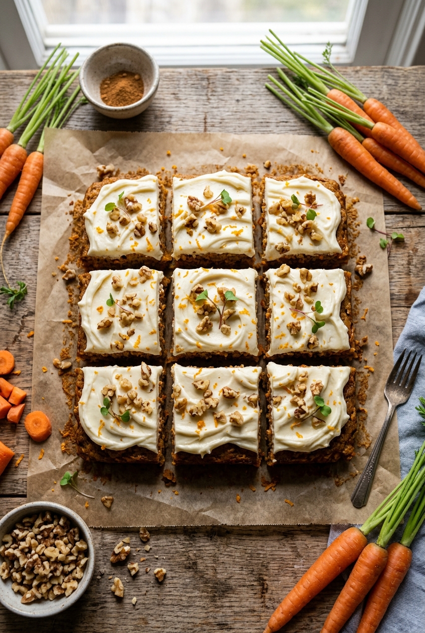 Golden carrot cake bars with thick cream cheese frosting cut into perfect squares on a white serving platter