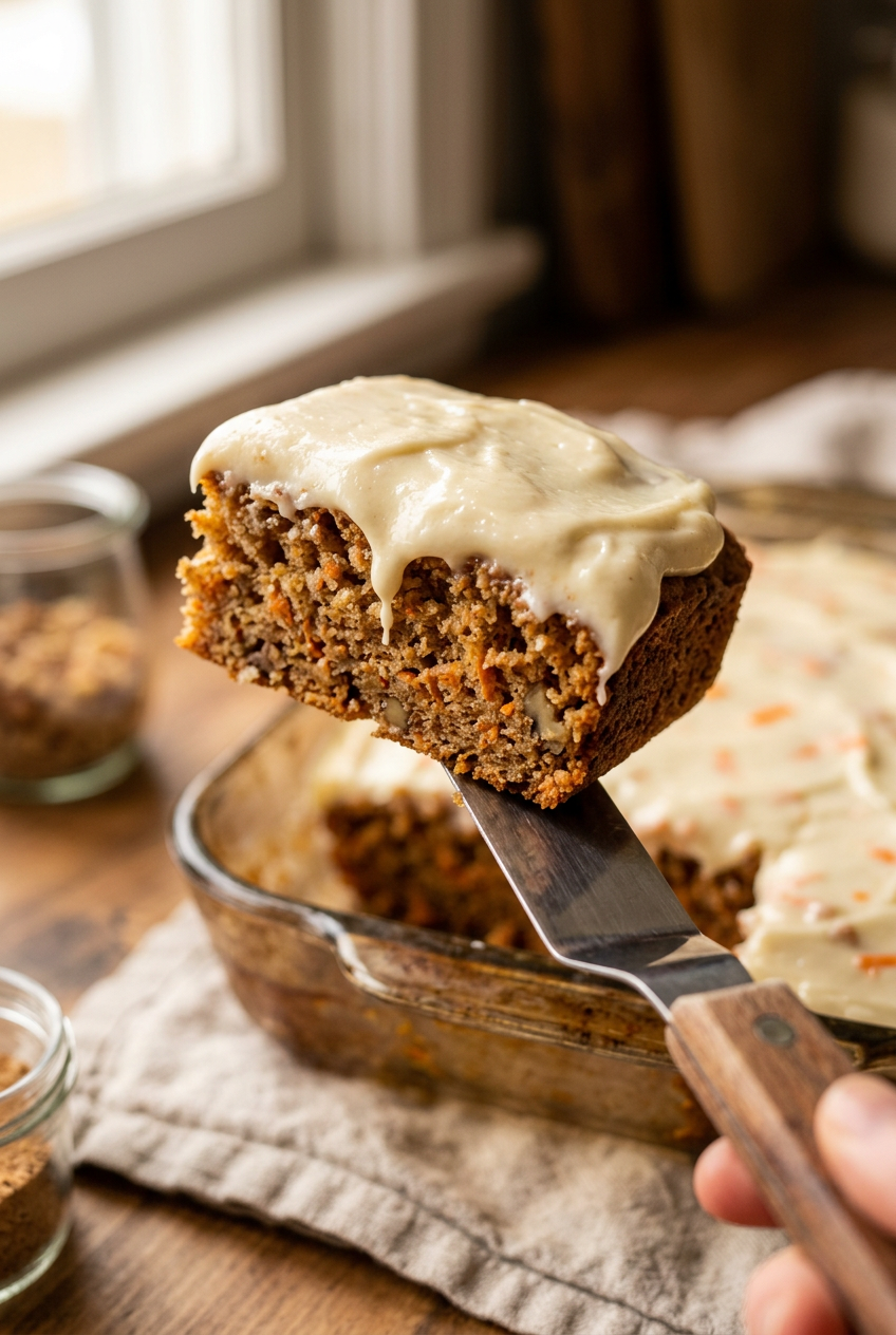 Close-up of a single carrot cake bar showing the moist, spiced interior studded with grated carrots and topped with creamy white frosting