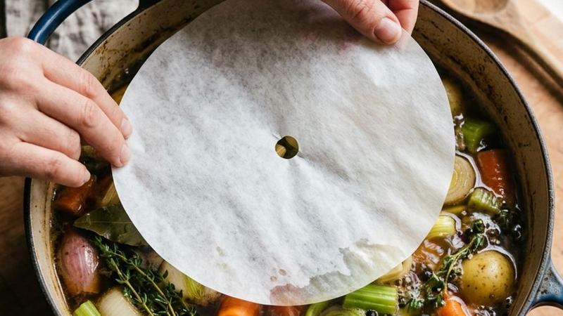 A circular piece of parchment paper placed on top of a pot of braised vegetables