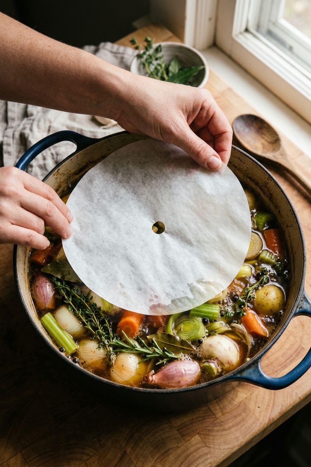 A circular piece of parchment paper placed on top of a pot of braised vegetables