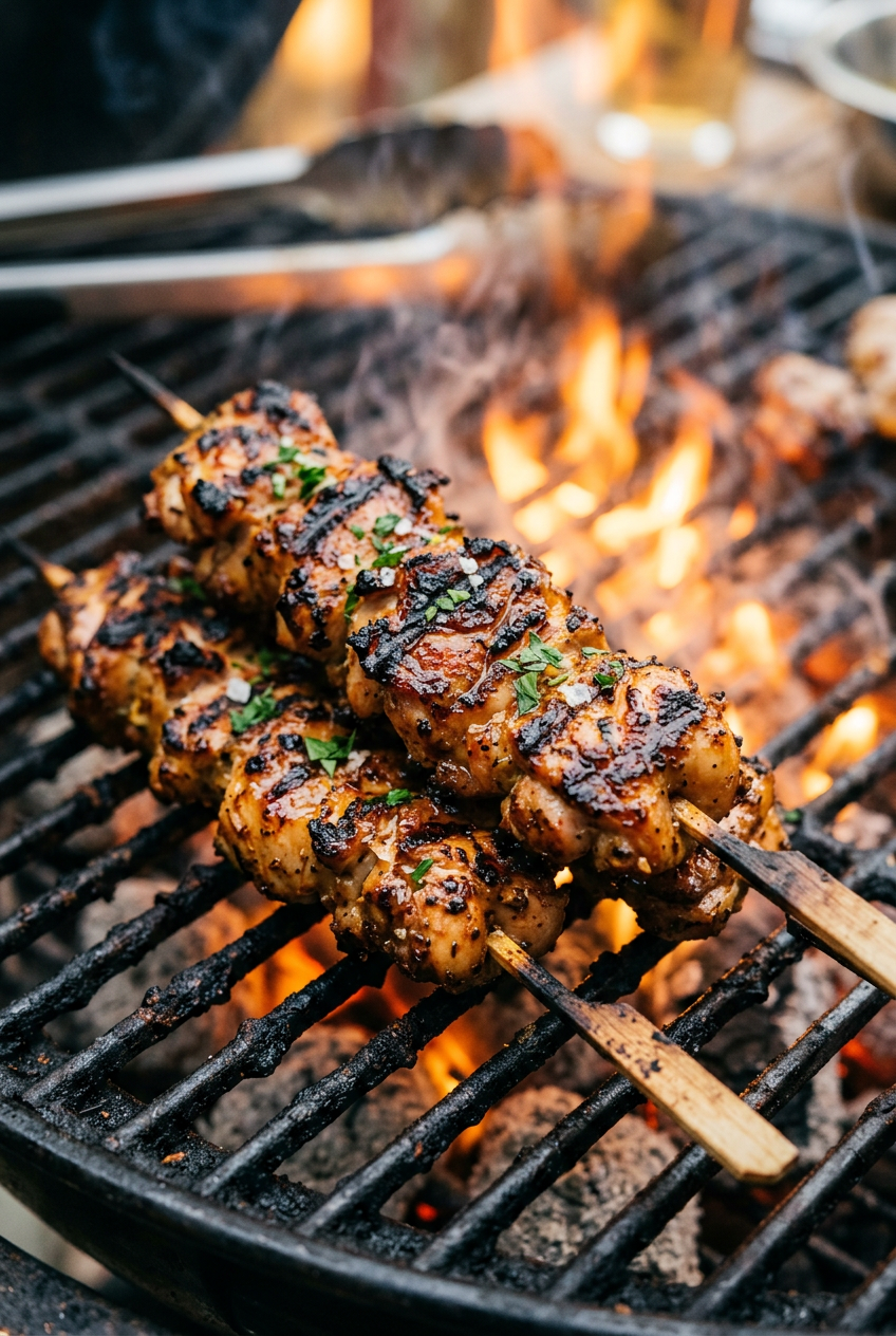 Marinated chicken cubes threaded on metal skewers with onion pieces, showing the colorful spice coating before grilling