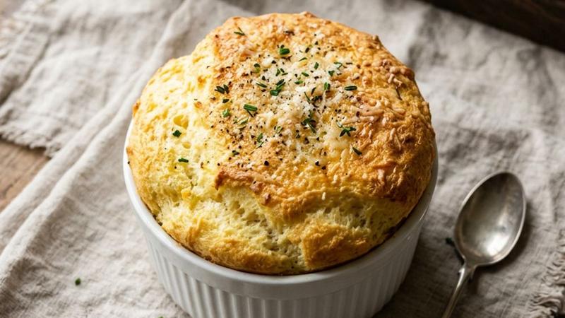 A perfectly risen golden cheese soufflé in a white ramekin on a linen napkin