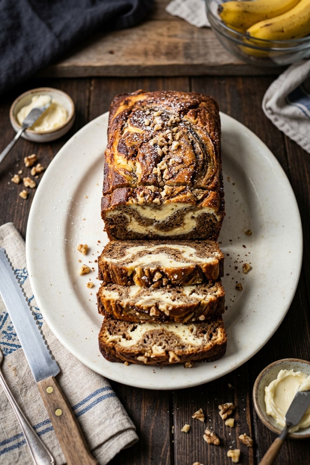 Sliced cheesecake banana bread showing cream cheese swirl running through the center of moist banana bread