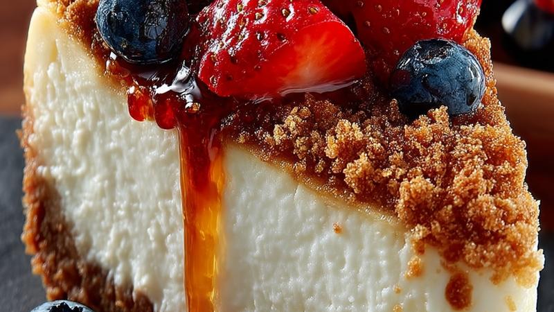 A slice of classic New York cheesecake with creamy filling, golden graham cracker crust, and fresh berries on a white plate