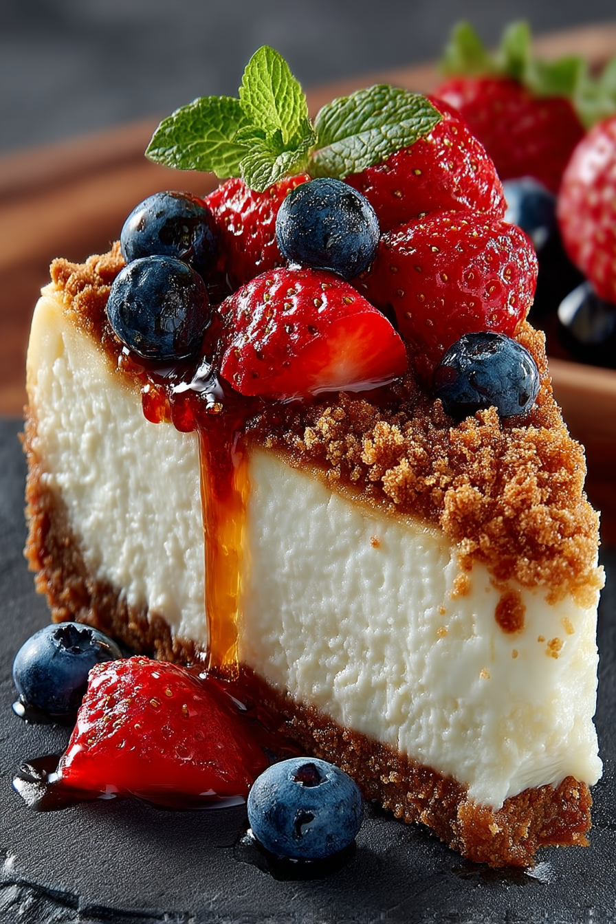 A slice of classic New York cheesecake with creamy filling, golden graham cracker crust, and fresh berries on a white plate