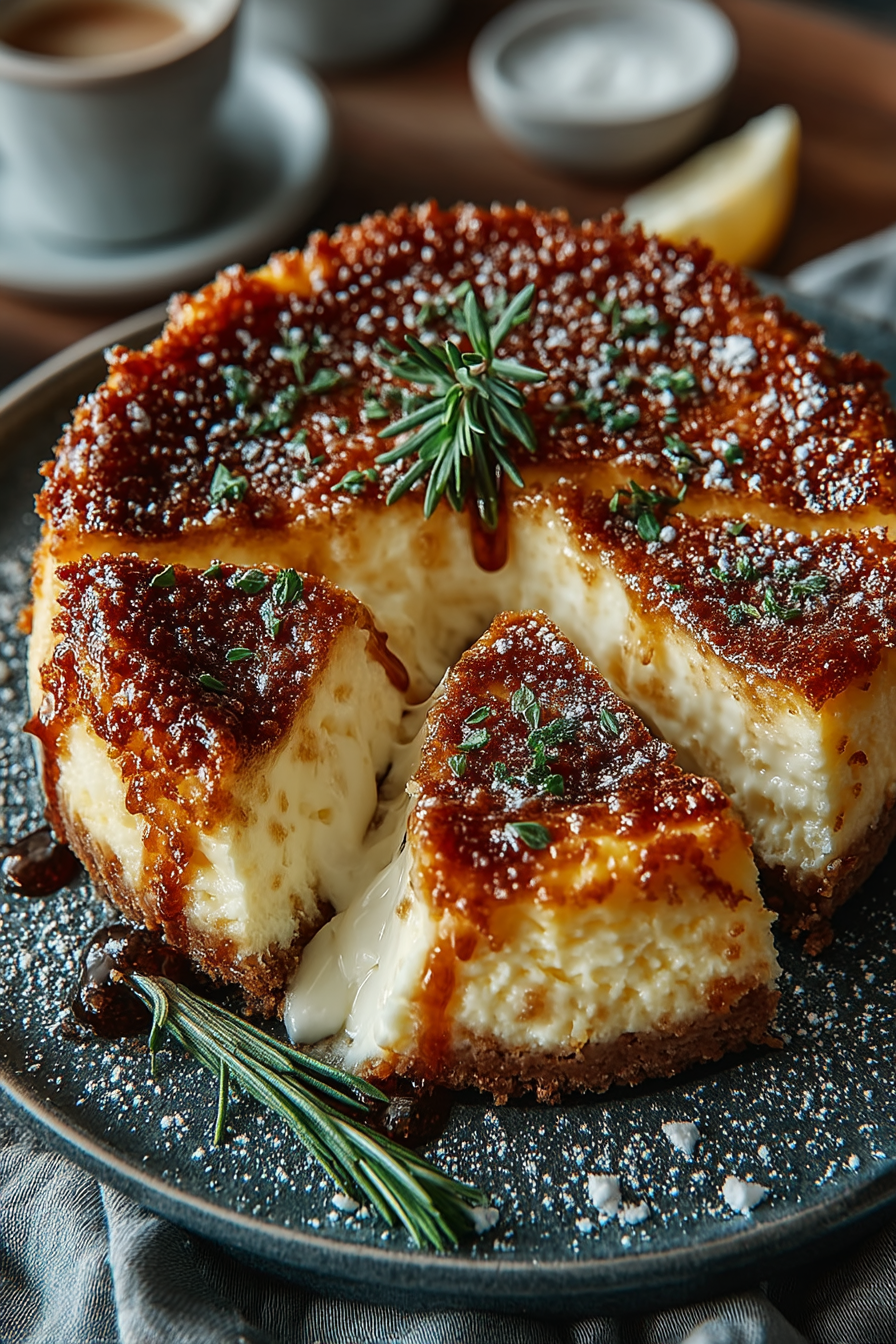 Top-down view of a whole New York cheesecake showing dense, velvety texture with a golden brown crust and perfectly set filling