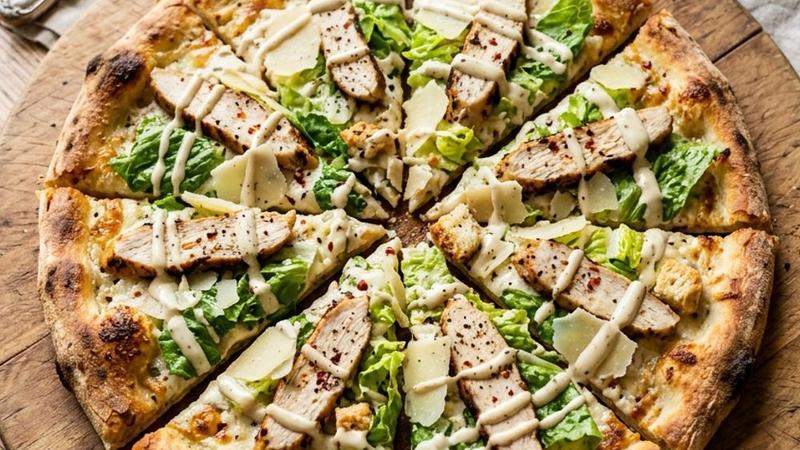 Chicken Caesar pizza topped with romaine lettuce, shaved parmesan, and grilled chicken slices