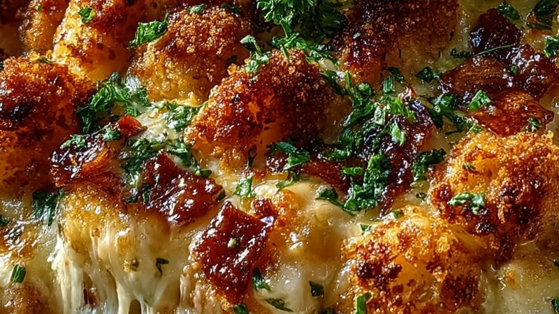 Creamy Chicken Cordon Bleu Casserole fresh from the oven with golden panko topping, melted Swiss cheese, and bubbling sauce around the edges, garnished with fresh parsley
