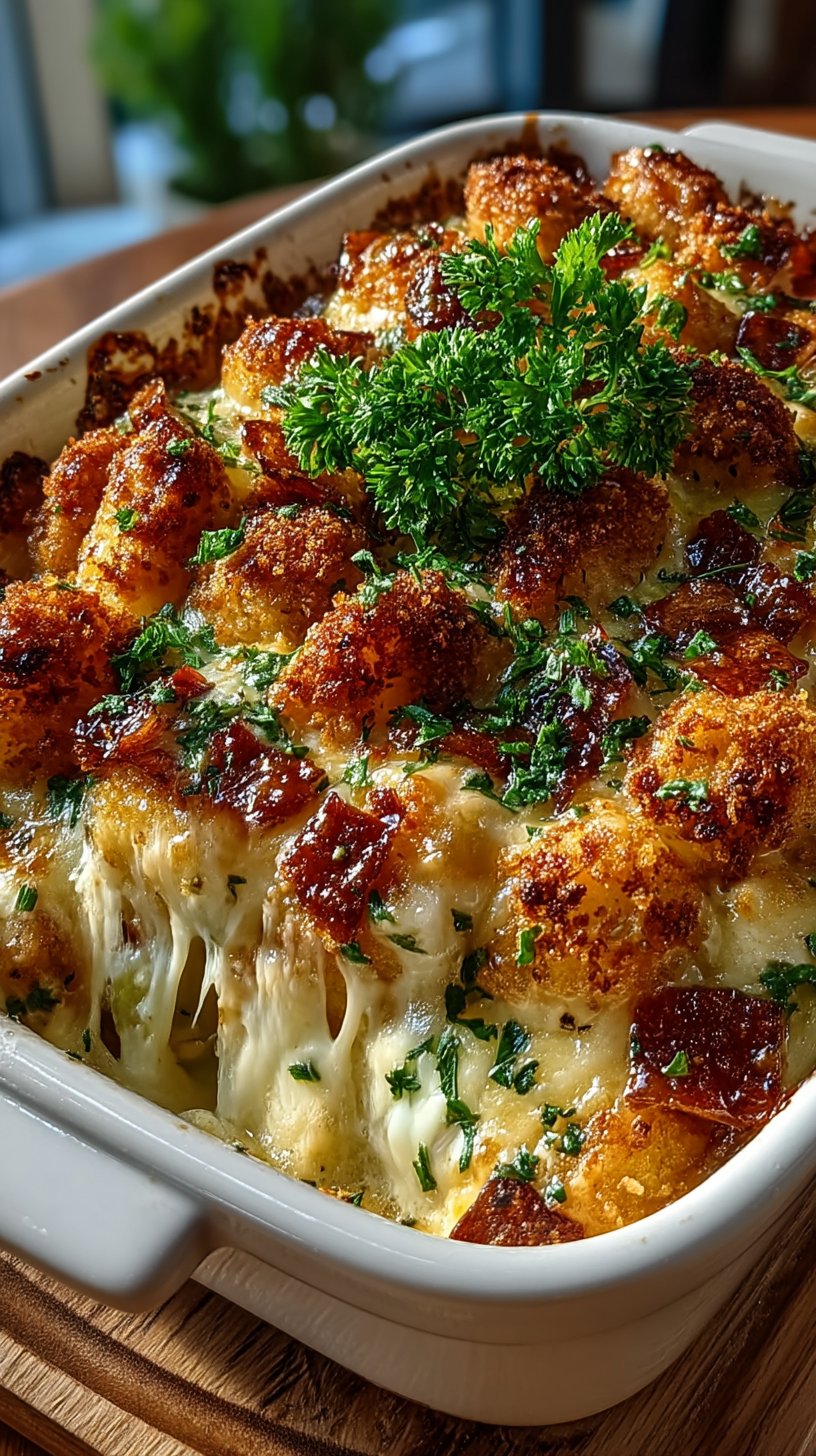 Creamy Chicken Cordon Bleu Casserole fresh from the oven with golden panko topping, melted Swiss cheese, and bubbling sauce around the edges, garnished with fresh parsley