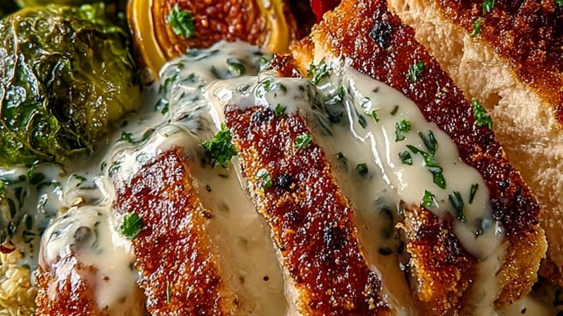Vibrant Chicken Harvest Bowl with roasted chicken, quinoa, kale, roasted Brussels sprouts, beets, pumpkin seeds, and dried cranberries drizzled with creamy maple tahini dressing, photographed in natural sunlight