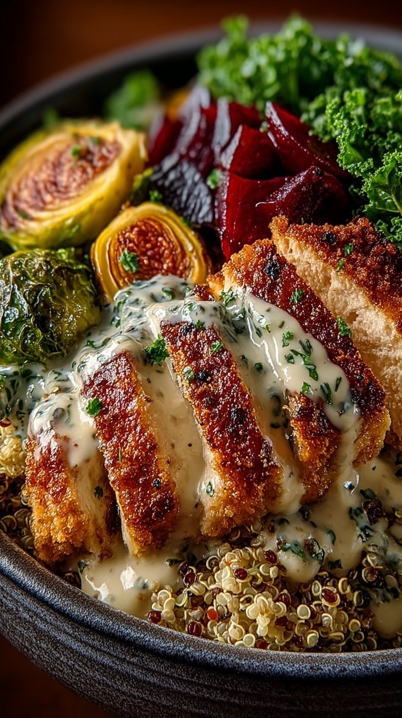 Vibrant Chicken Harvest Bowl with roasted chicken, quinoa, kale, roasted Brussels sprouts, beets, pumpkin seeds, and dried cranberries drizzled with creamy maple tahini dressing, photographed in natural sunlight
