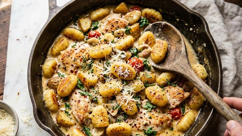 Creamy chicken potato gnocchi in a skillet with golden brown chicken pieces, pillowy homemade gnocchi, and rich cream sauce garnished with fresh parsley