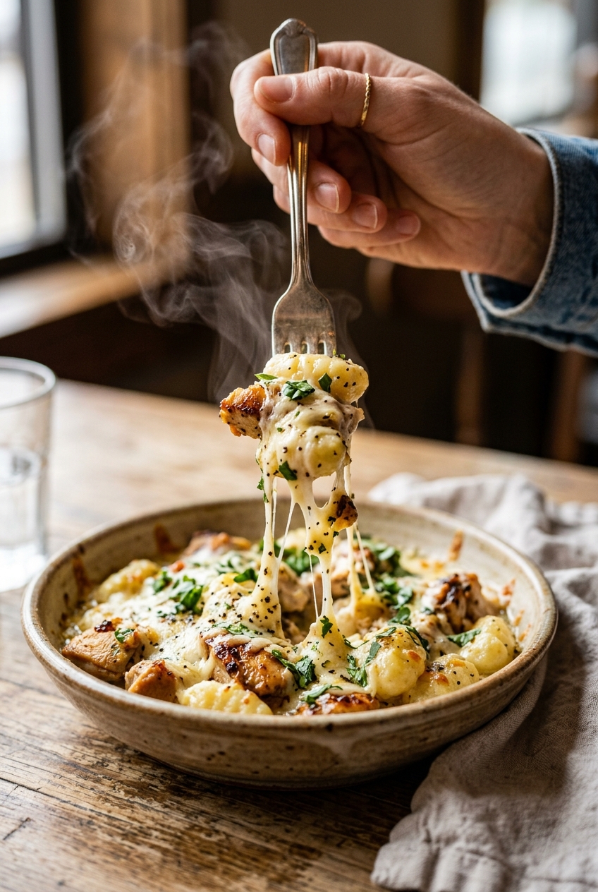 Step-by-step process of making homemade potato gnocchi showing riced potatoes, formed dough, and shaped gnocchi pieces on a floured surface