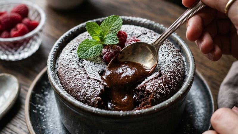 Chocolate lava cake on a white plate with molten chocolate center flowing out, dusted with powdered sugar