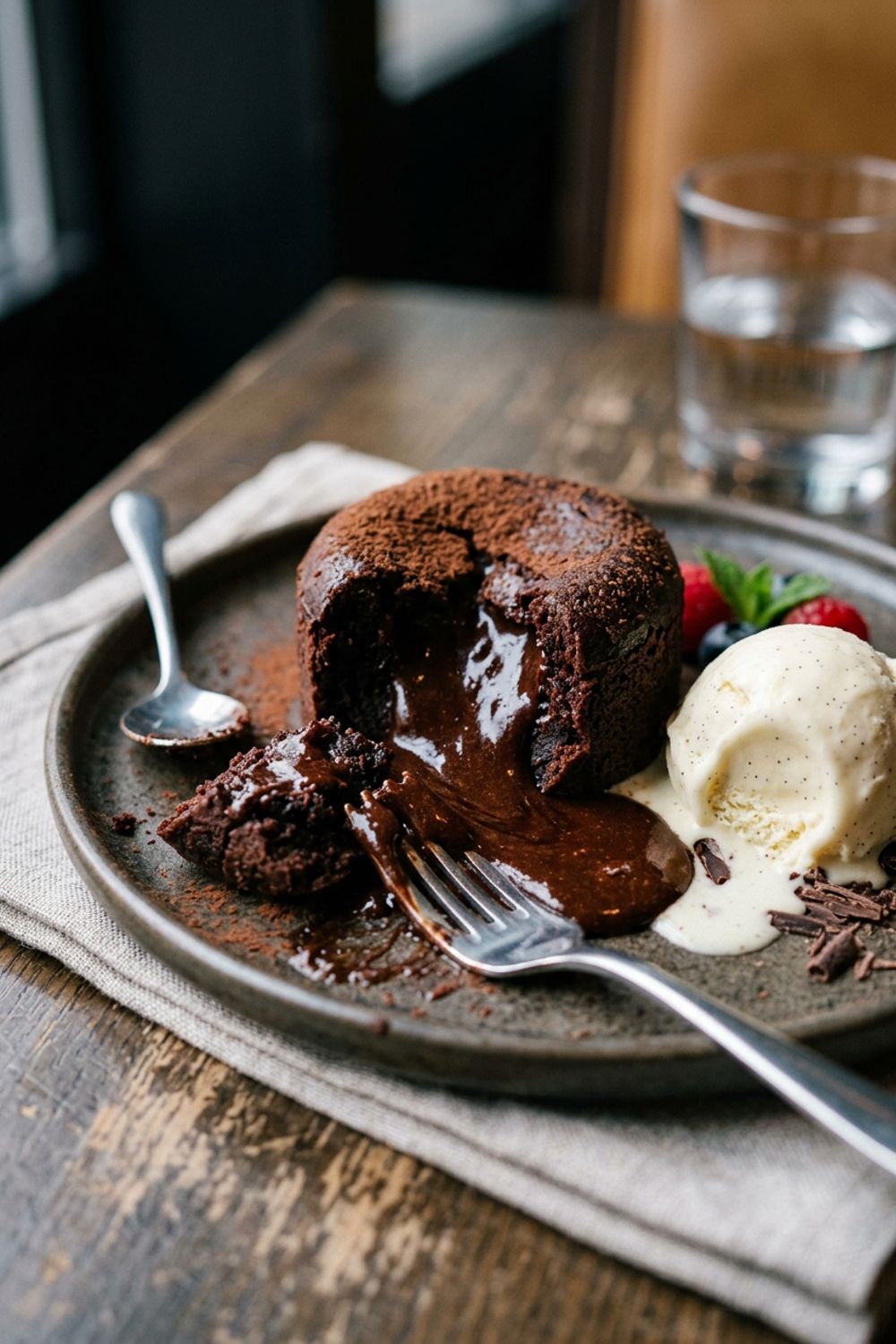 Chocolate lava cake being cut open with a spoon showing molten chocolate center