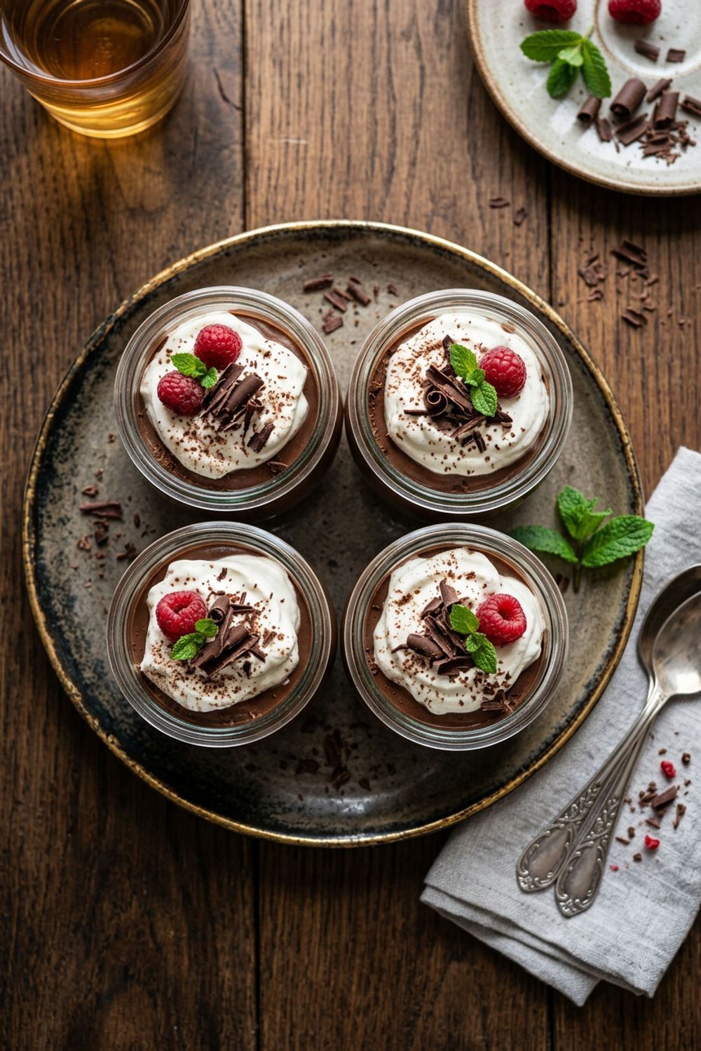 Glass jars filled with rich chocolate pudding topped with whipped cream and chocolate shavings