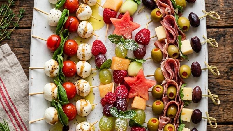 Festive Christmas appetizer skewers arranged on a white platter with caprese, antipasto, and fruit varieties