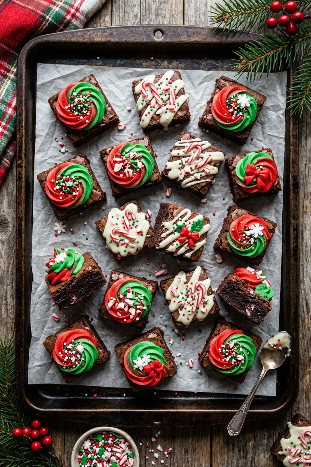 Plate of fudgy Christmas brownie bites topped with peppermint buttercream frosting and red and green holiday sprinkles