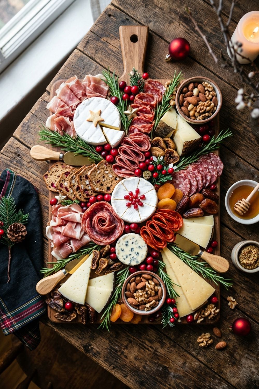 Stunning Christmas charcuterie board with cured meats, cheeses, cranberries, rosemary sprigs, and crackers on a wooden board